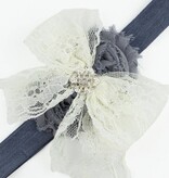 Baby haarbandje kanten strik met strass (ivoor/grijs)