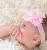 Baby haarbandje kanten strik met strass (ivoor/grijs)