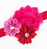Baby haarbandje shabby, satijn en strass (fuchsia/rood/roze)