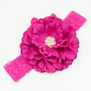 Baby haarbandje pioenroos op kant (fuchsia)