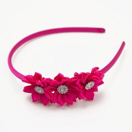 Diadeem drie satijnen bloemen strass (fuchsia)