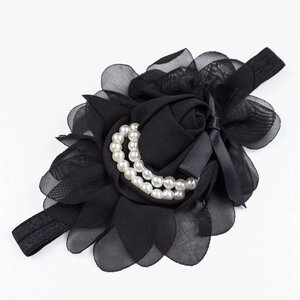 Baby haarbandje chiffon met strik en parels (zwart)