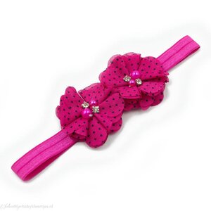Baby haarbandje twee chiffon bloemen (fuchsia/zwart)