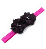 Baby haarbandje twee chiffon bloemen (zwart/fuchsia)