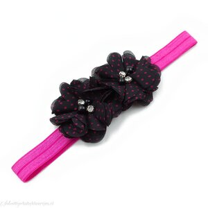 Baby haarbandje twee chiffon bloemen (zwart/fuchsia)