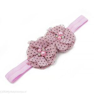 Baby haarbandje twee chiffon bloemen (lichtroze/zwart