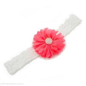 Baby haarbandje tutu bloem op kant (neon koraal)