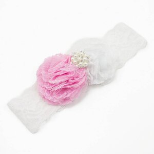 Baby haarbandje kanten bloemen en parel applicatie (wit/lichtroze)