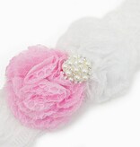 Baby haarbandje kanten bloemen en parel applicatie (wit/lichtroze)