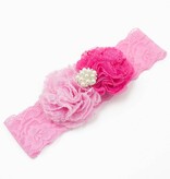 Baby haarbandje kanten bloemen en parel applicatie (lichtroze/roze)