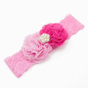 Baby haarbandje kanten bloemen en parel applicatie (lichtroze/roze)