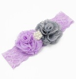 Baby haarbandje kanten bloemen en parel applicatie (lila/grijs)