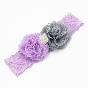 Baby haarbandje kanten bloemen en parel applicatie (lila/grijs)