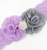 Baby haarbandje kanten bloemen en parel applicatie (lila/grijs)