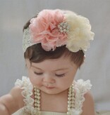 Baby haarbandje kanten bloemen en parel applicatie (lila/grijs)