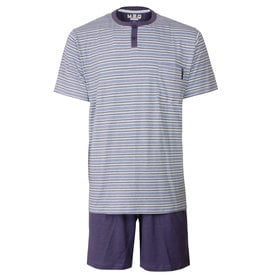 MEQ MEQ Heren Shortama - Pyjama Set - 100% Katoen - Gestreept - Blauw