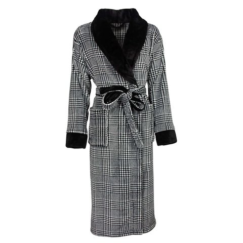 Medaillon Dames Badjas - Fleece - Ruit Dessin - Zwart