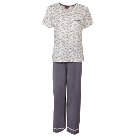 Medaillon dames pyjama - Katoen - wit/grijs-paars