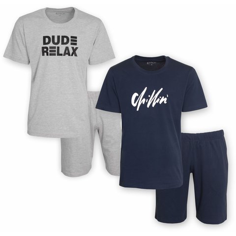 Aprox Heren Shortama - Pyjama Set - Duo-Pack - Grijs & Donker Blauw