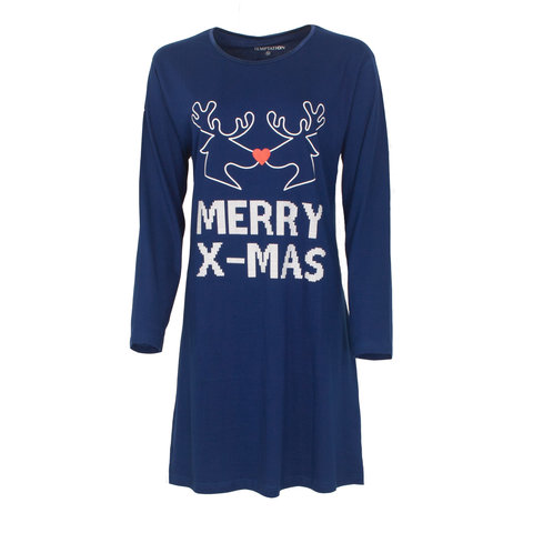 Temptation Dames Nachthemd - Lange Mouw - Kerst - Blauw