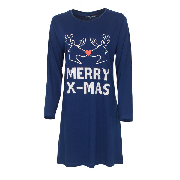Temptation Temptation Dames Nachthemd - Lange Mouw - Kerst - Blauw