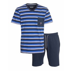 Merkloos MEQ Heren Shortama - Pyjama Set - 100% Katoen - Blauw