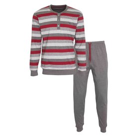 MEQ MEQ Heren Pyjama - Polo Sluiting - Gestreept - Grijs
