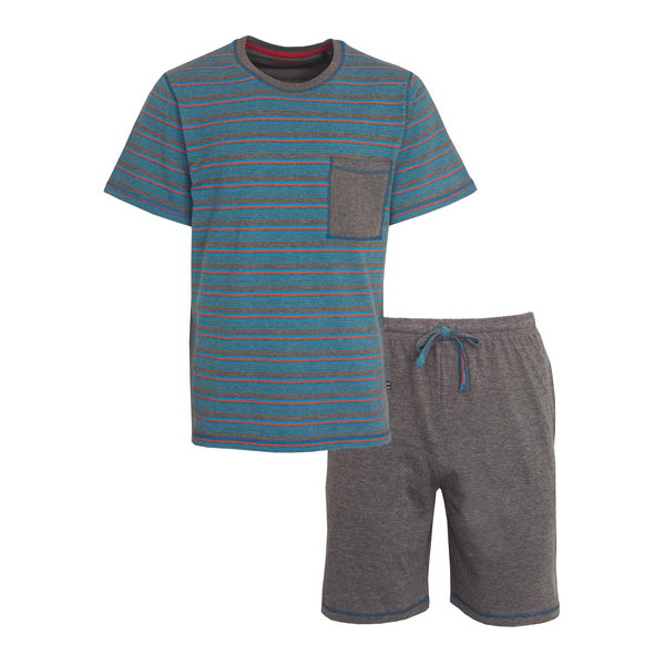 Merkloos M.E.Q. Heren Shortama - Pyjama Set - Gestreept - Blauw/Grijs