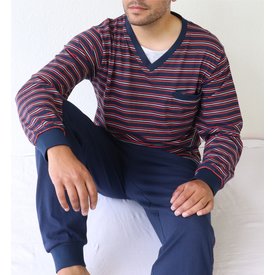 MEQ MEQ Heren Pyjama - 100% Gekamde Katoen - V Hals - Blauw