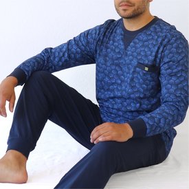 Merkloos MEPYH2206A - MEQ Heren Pyjama Set – Blauw Dessin, Lange Mouwen & Pijpen, 100% Gekamde Katoen, Rekbare Jersey - Ronde-hals, Zakken & Aantrekkoord - Blauw