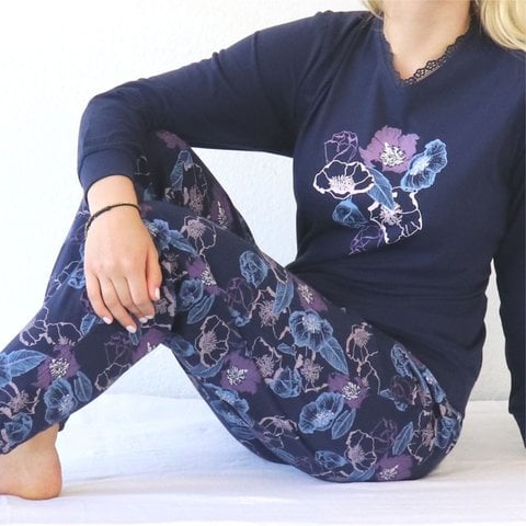 Medaillon Dames Pyjama - Bloemenprint - Blauw