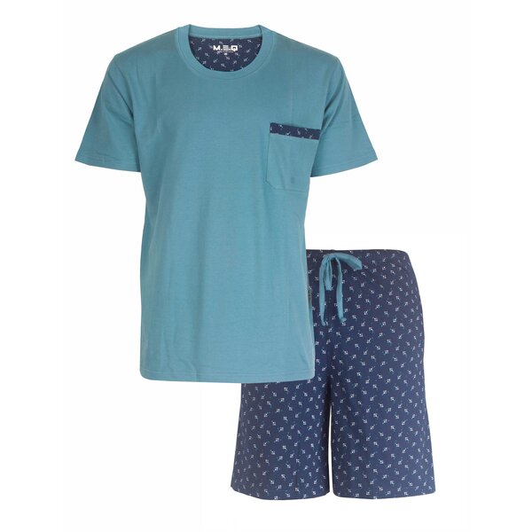 Merkloos MEQ Heren Shortama  - Pyjama Set -  Korte mouwen - 100% Katoen - Petrol Blauw