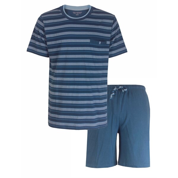 Paul Hopkins PHSAH1308A Paul Hopkins Heren Shortama Pyjama Set  Gestreept dessin -  100% Gekamde Katoen – Jeans Blauw