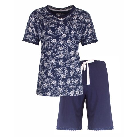 Tenderness - Dames Shortama Pyjama Set - Bloemenprint - 100% Katoen - blauw