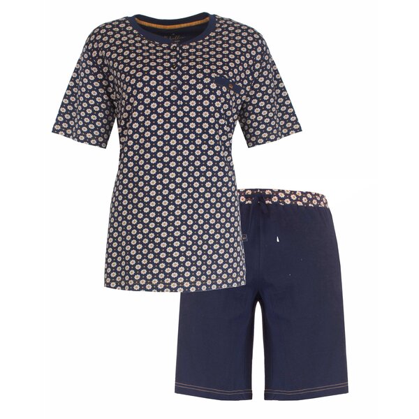 Medaillon Medaillon Dames Shortama - Slaapset - 100% Gekamde Katoen - Blauw met Bloemetjes