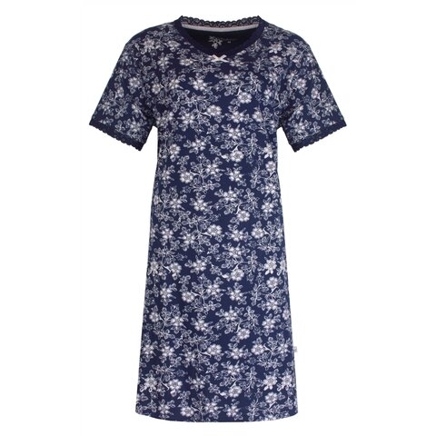 Tenderness Dames Nachthemd - Slaapkleed - Bloemenprint - 100% Katoen - Marine Blauw