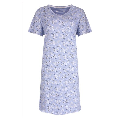 Tenderness Dames Nachthemd - Slaapkleed - Bloemenprint - 100% Katoen - Lavendel Blauw