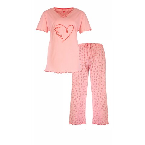 Dames Pyjama Set Tenderness – Hartjes print - 100% Gekamde Katoen – Roze