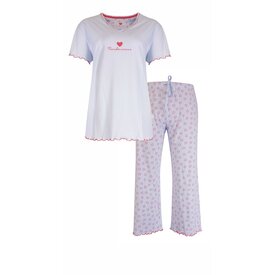 Tenderness Dames Pyjama Set Tenderness – Hartjes print - 100% Gekamde Katoen – Licht Blauw