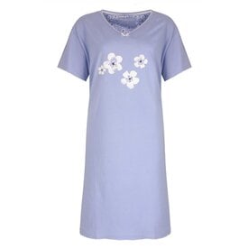 Tenderness Tenderness Dames Nachthemd Slaapkleedje - Bloemenprint - 100% Gekamde Katoen - Licht Blauw