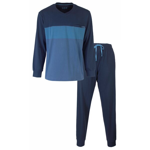 MEQ MEQ Heren Pyjama - Gestreept Dessin - V Hals - Donker Blauw