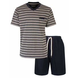 MEQ MEQ Heren Shortama - Gestreept Dessin - V Hals - Navy Blauw