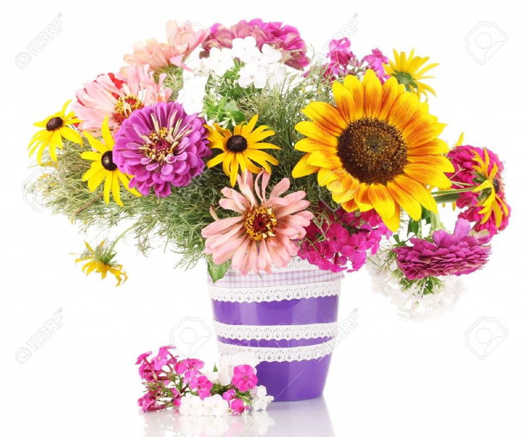 Garage Bouquet of bright flowers isolated on white