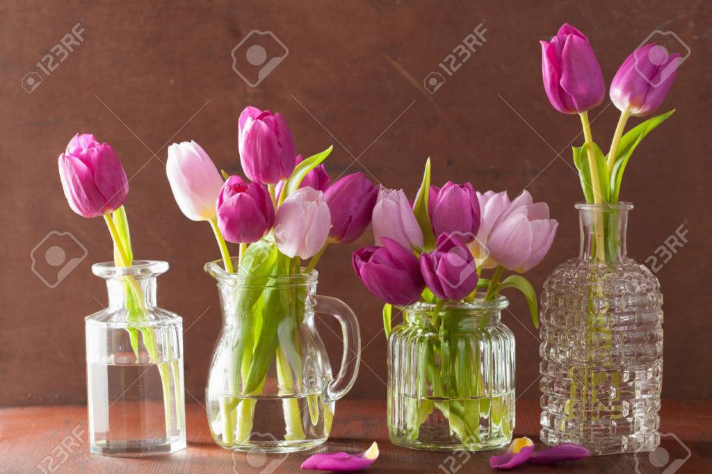 Vintage Purple tulip flowers bouquet in vase