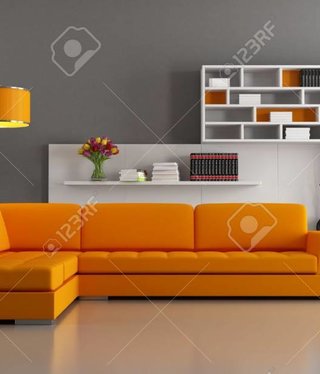 Miller Contemporary livingroom with orange sofa and bookcase rendering