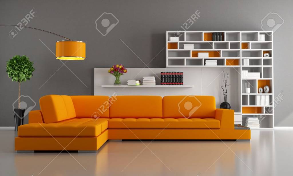 Miller Contemporary livingroom with orange sofa and bookcase rendering