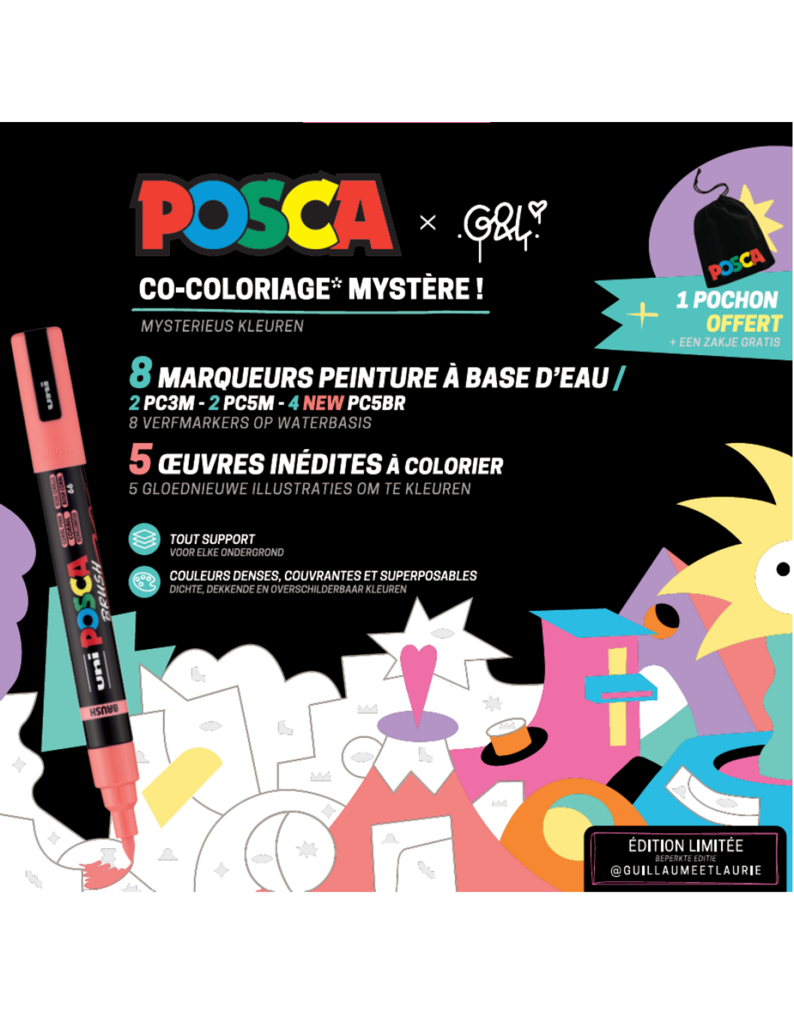 Posca Mystery co-colourings pakket 8 markers - 5 kleurplaten