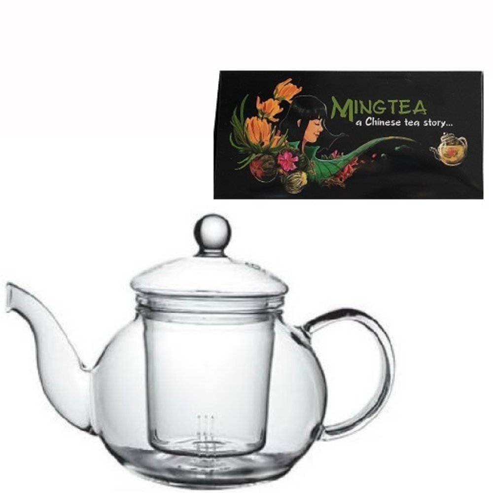 12 Teeblumen + gläsernen Teekanne JADE