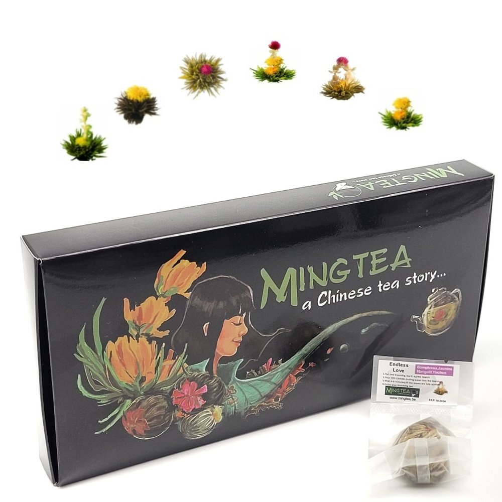 GESCHENKPAKET: 6 Teeblumen + gläsernen Teekanne JADE GESCHENKPAKET: 6 Teeblumen + gläsernen Teekanne JADE