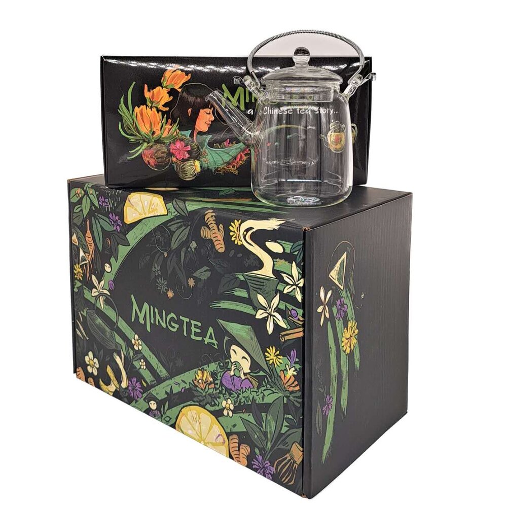 GESCHENKPAKET: 12 Teeblumen + Teekanne aus Glas 350ml
